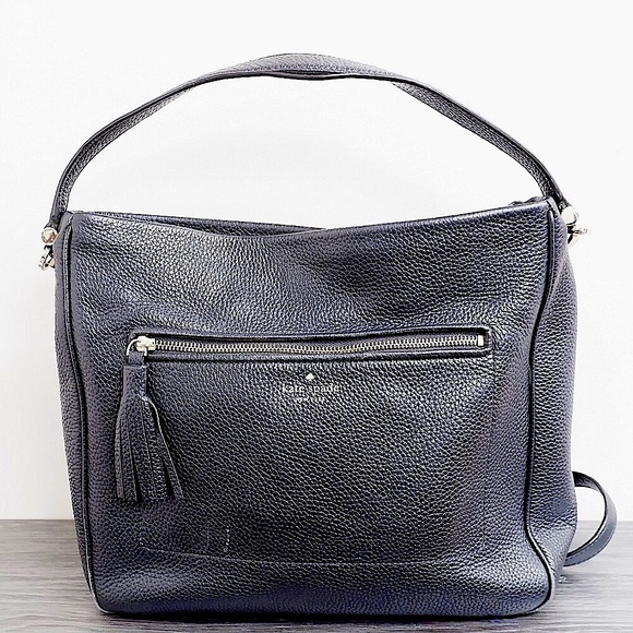 KATE SPADE PEBBLED BLACK LEATHER BAG WITH TASSEL♠️ - Picture 1 of 12